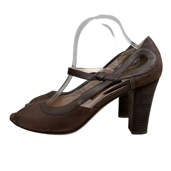 Martin + OSA Pump Brown Leather Ankle Strap Blocked Heel Peep Toe Women Size 10 - Picture 3 of 9